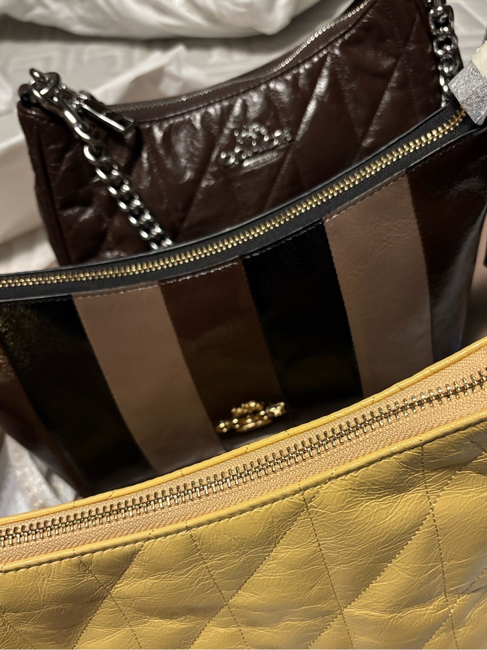 Coach Caitlin Glazed Patchwork Leather Shoulder Bag in Dark Brown/Black